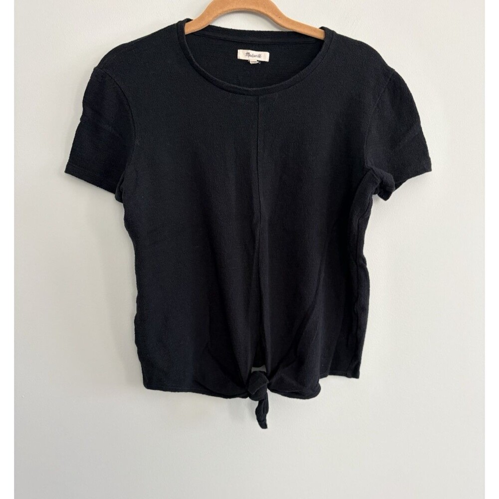 Madewell Top Black Textured Knit Short Sleeve Tie Front T Shirt Women's Medium